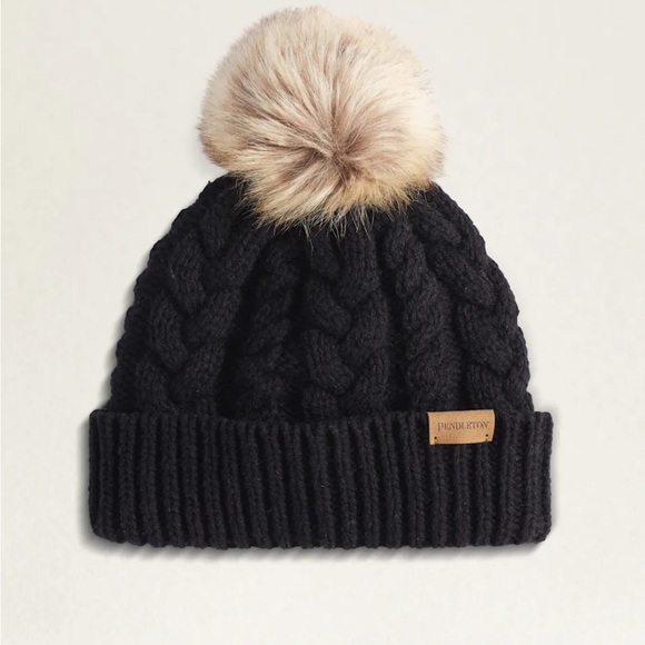 NEW Pendleton Cable Knit Lambswool Beanie with Faux Fur Pom